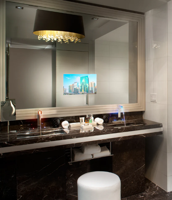 Luxury smart bathroom mirror displaying news